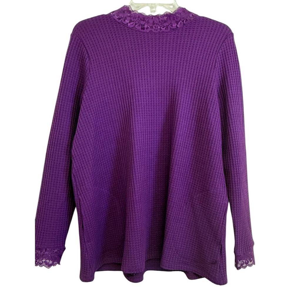 LOGO Lori Goldstein Purple Waffle Knit Lace Trim Mock Neck Top Womens Medium